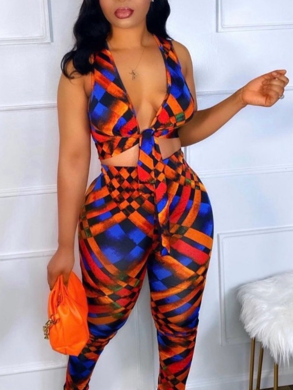 Sleeveless Tie-Front Jumpsuit in Multi-Color